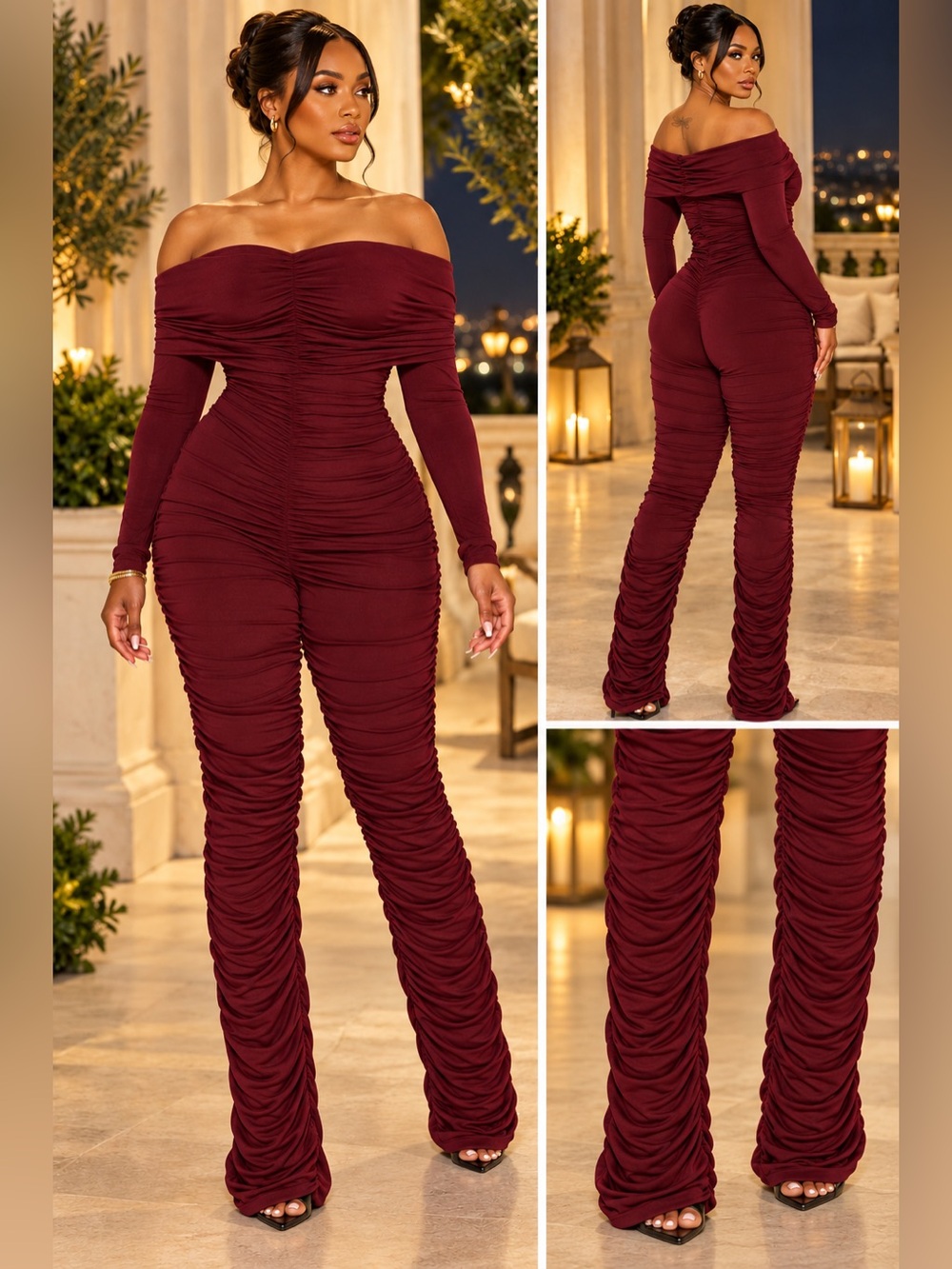 Fashion Nova Off-Shoulder Ruched Burgundy Jumpsuit